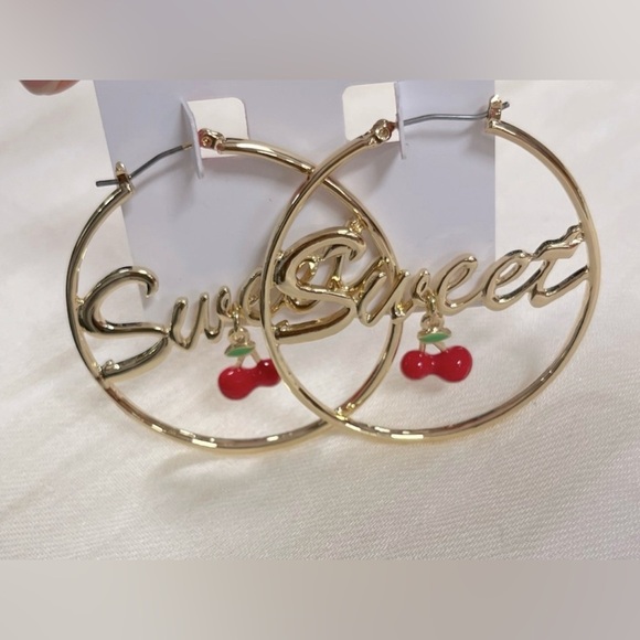 NEW Betsey Johnson Gold Red Sweet Cherry Hoop Earrings - Picture 5 of 8